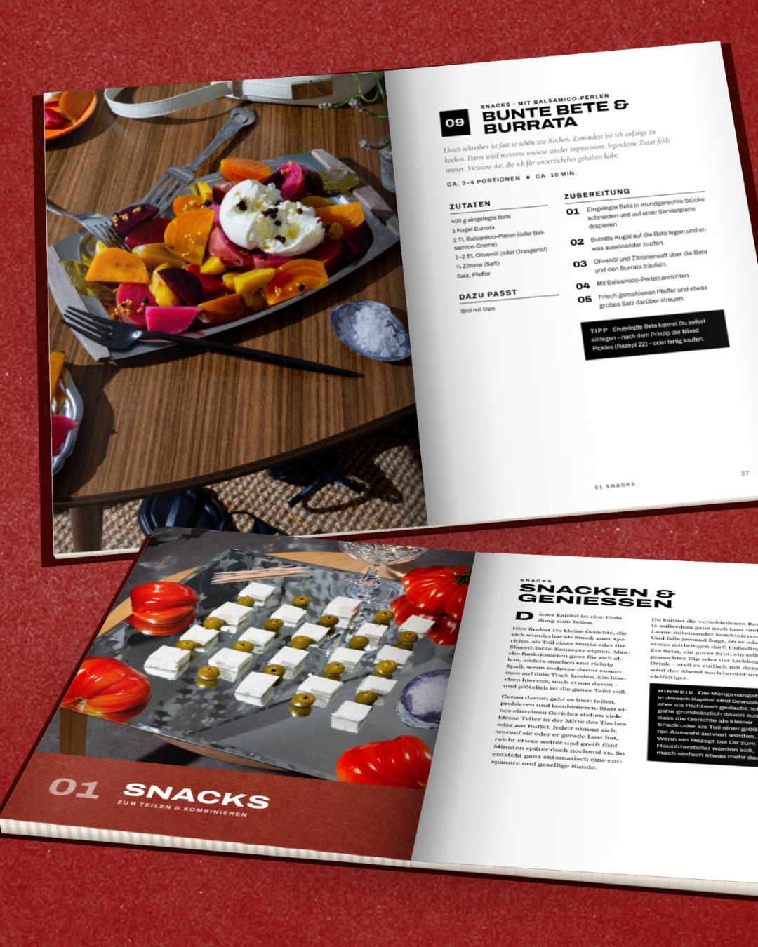Aufgeschlagene Seiten aus Table Stories — Rezept Bunte Bete & Burrata und Kapitelanfang Snacks