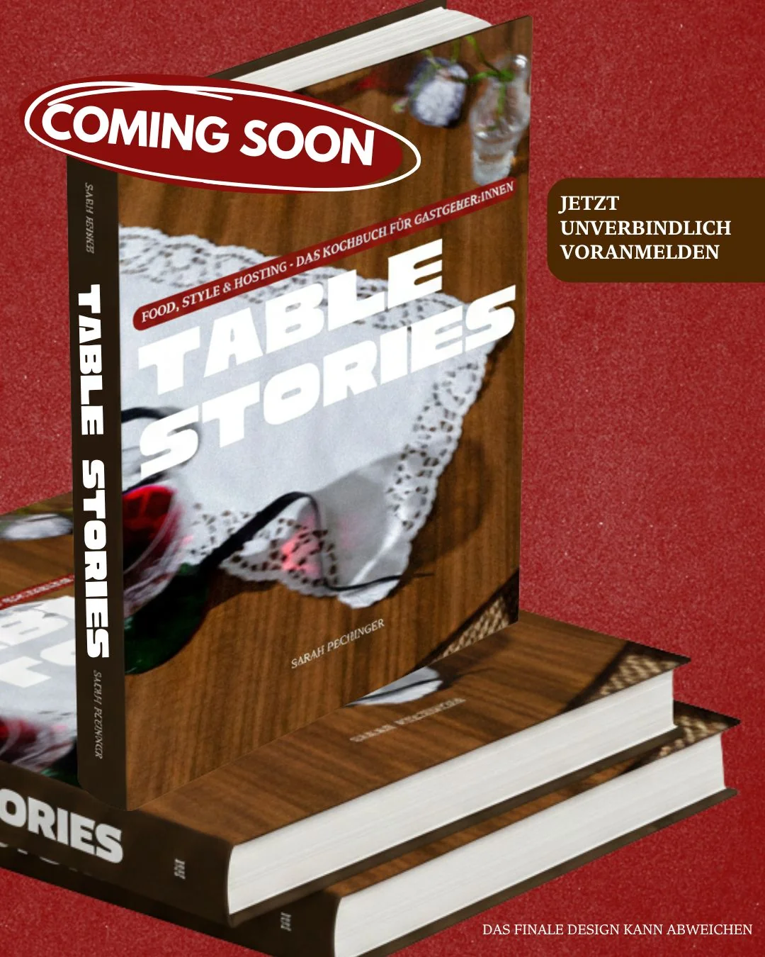 Coming Soon — Table Stories Kochbuch Mockup mit gestapelten Büchern